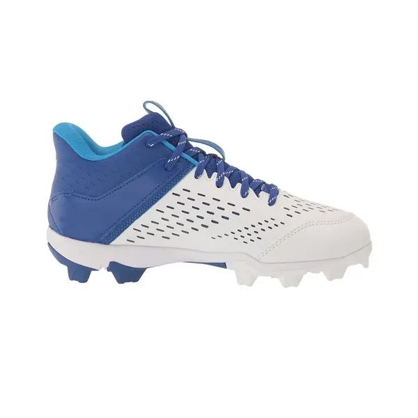 Mid-cut molded baseball cleat, royal and white