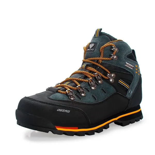 Leather hiking boot, slate and red