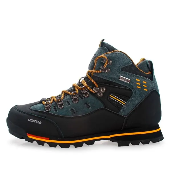 Leather hiking boot, slate and red