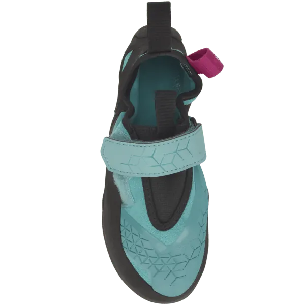 Downturned climbing shoe, aqua