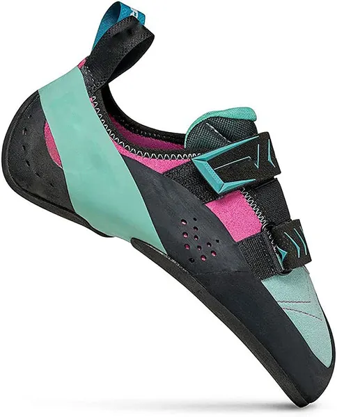 Downturned climbing shoe, teal