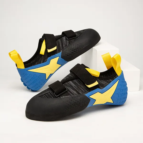 Twin-strap climbing shoe, blue and yellow