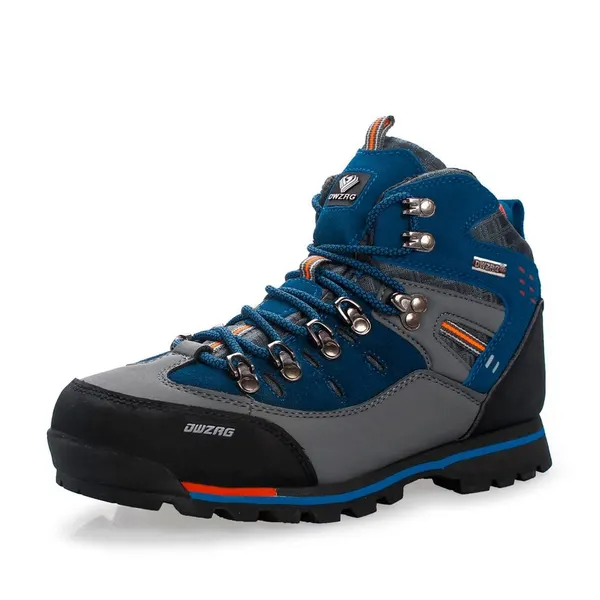 Leather hiking boot, slate and red