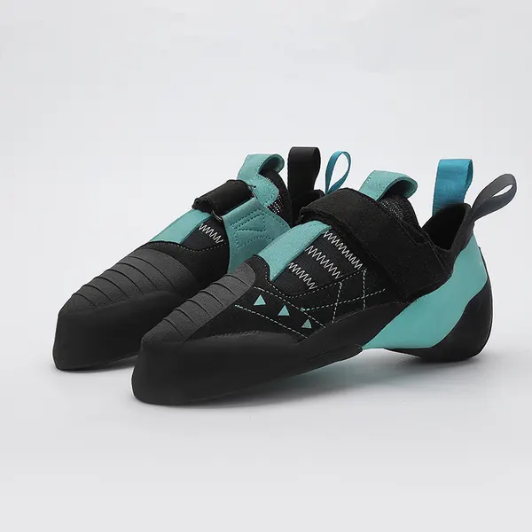 Downturned climbing shoe, black and aqua