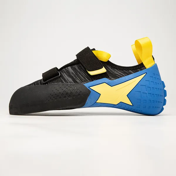 Twin-strap climbing shoe, blue and yellow