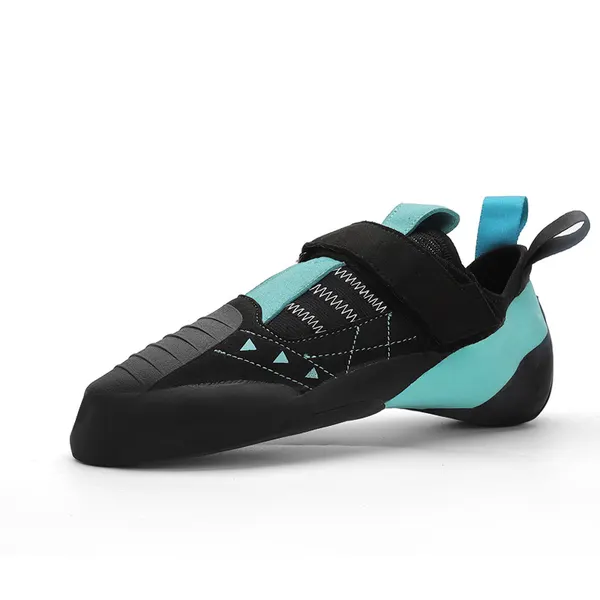 Downturned climbing shoe, black and aqua