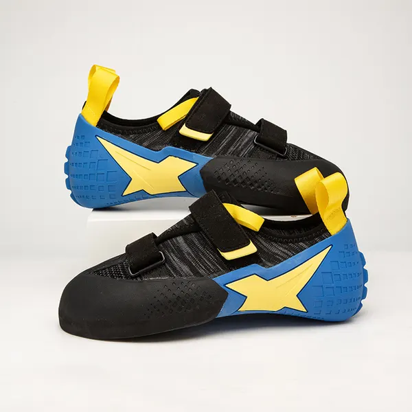 Twin-strap climbing shoe, blue and yellow