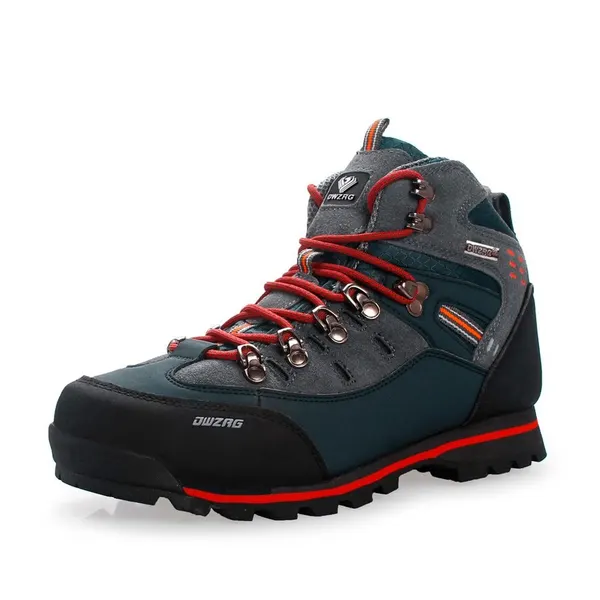 Leather hiking boot, slate and red