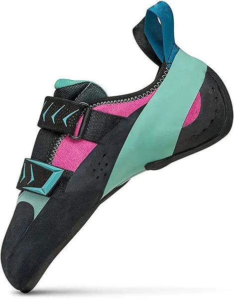 Downturned climbing shoe, teal