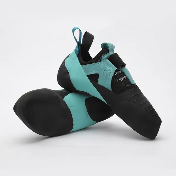 Downturned climbing shoe, black and aqua
