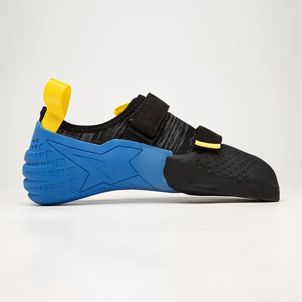Twin-strap climbing shoe, blue and yellow
