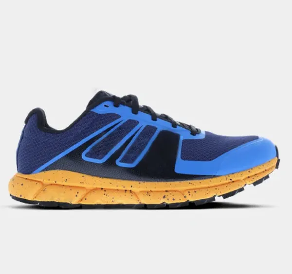Trail running shoe, blue and orange
